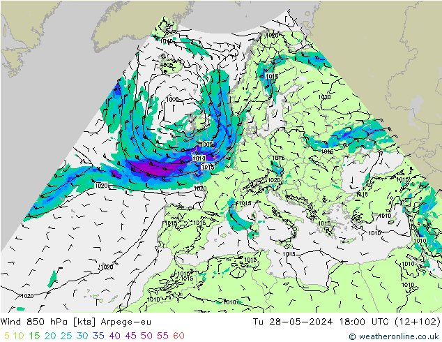 Wind 850 hPa Arpege-eu Tu 28.05.2024 18 UTC