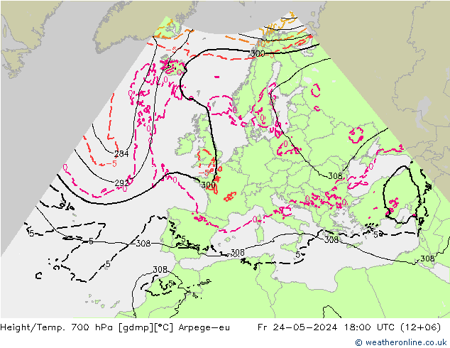 Height/Temp. 700 hPa Arpege-eu Sex 24.05.2024 18 UTC