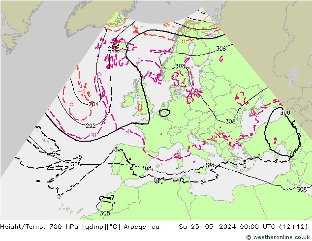 Height/Temp. 700 hPa Arpege-eu Sa 25.05.2024 00 UTC