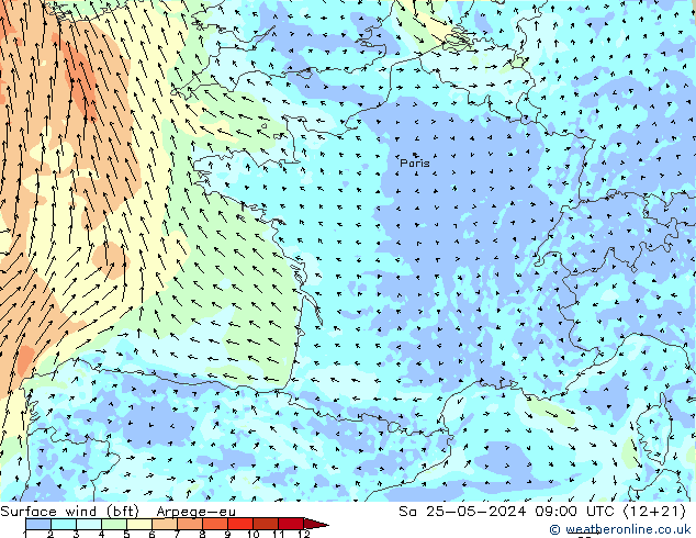 Vento 10 m (bft) Arpege-eu sab 25.05.2024 09 UTC