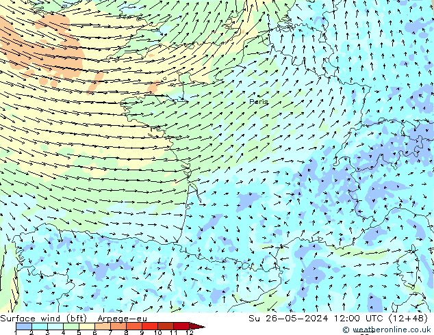 Bodenwind (bft) Arpege-eu So 26.05.2024 12 UTC