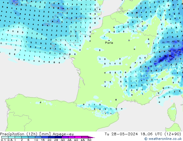 Totale neerslag (12h) Arpege-eu di 28.05.2024 06 UTC