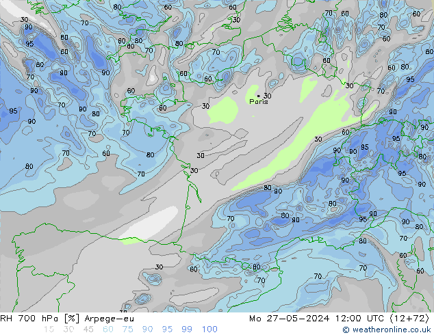 RH 700 hPa Arpege-eu Mo 27.05.2024 12 UTC