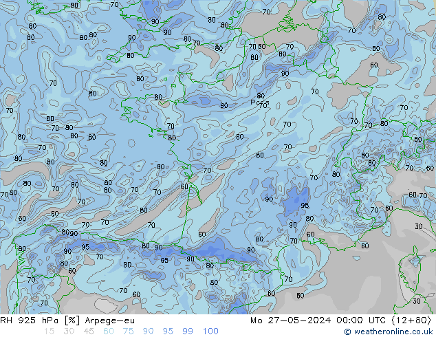 Humedad rel. 925hPa Arpege-eu lun 27.05.2024 00 UTC