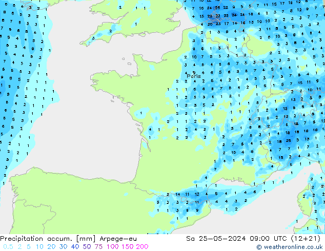 Precipitation accum. Arpege-eu Sáb 25.05.2024 09 UTC