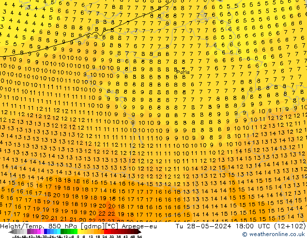 Height/Temp. 850 hPa Arpege-eu Tu 28.05.2024 18 UTC