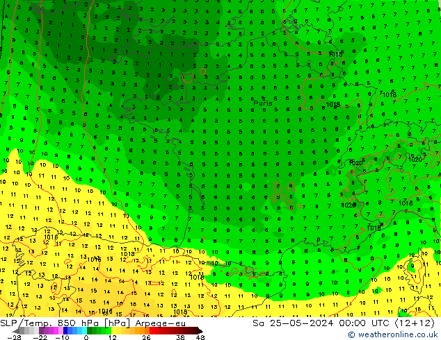 SLP/Temp. 850 гПа Arpege-eu сб 25.05.2024 00 UTC