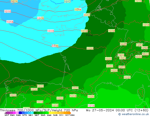 Thck 700-1000 hPa Arpege-eu Mo 27.05.2024 00 UTC