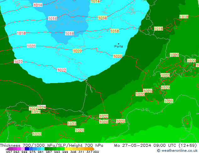 Thck 700-1000 hPa Arpege-eu lun 27.05.2024 09 UTC