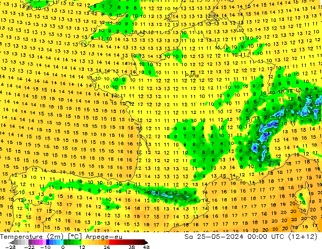 Temperatuurkaart (2m) Arpege-eu za 25.05.2024 00 UTC