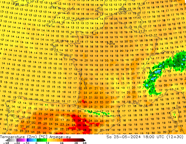карта температуры Arpege-eu сб 25.05.2024 18 UTC