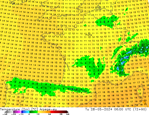 Temperatuurkaart (2m) Arpege-eu di 28.05.2024 06 UTC