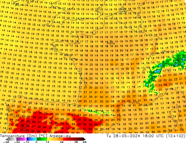 Temperatuurkaart (2m) Arpege-eu di 28.05.2024 18 UTC