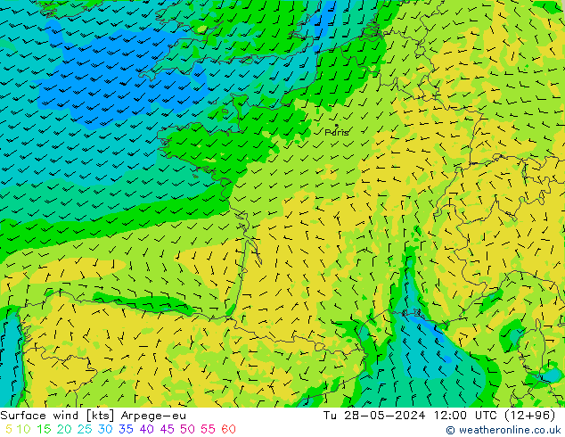 Vento 10 m Arpege-eu Ter 28.05.2024 12 UTC