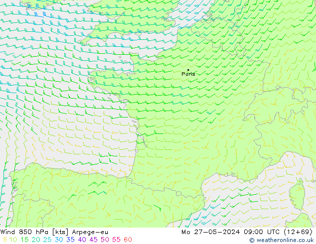 Vento 850 hPa Arpege-eu lun 27.05.2024 09 UTC