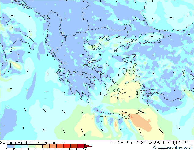 Wind 10 m (bft) Arpege-eu di 28.05.2024 06 UTC