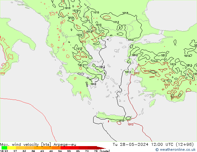 Max. wind velocity Arpege-eu Tu 28.05.2024 12 UTC