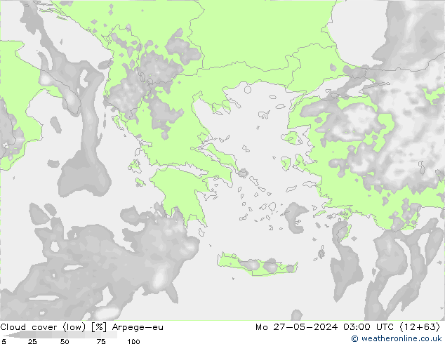 Cloud cover (low) Arpege-eu Mo 27.05.2024 03 UTC