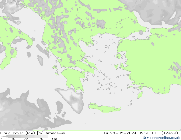 Cloud cover (low) Arpege-eu Tu 28.05.2024 09 UTC