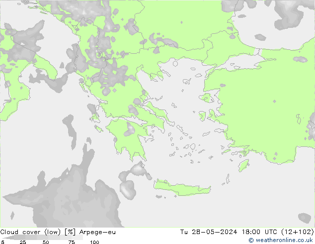 Cloud cover (low) Arpege-eu Tu 28.05.2024 18 UTC