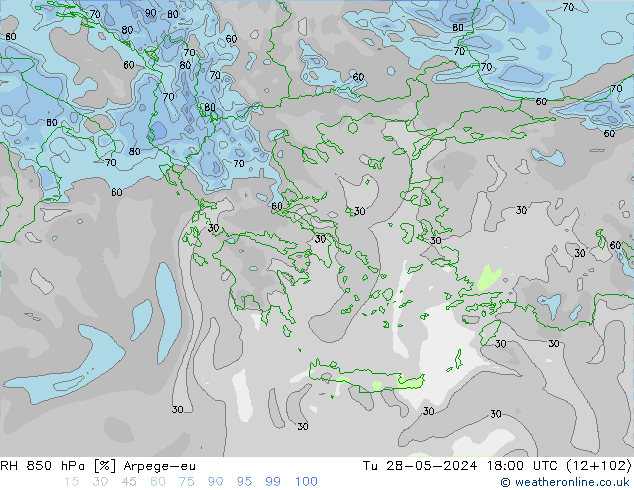 RH 850 hPa Arpege-eu Tu 28.05.2024 18 UTC