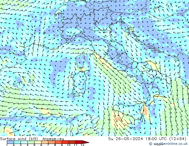 Wind 10 m (bft) Arpege-eu zo 26.05.2024 18 UTC