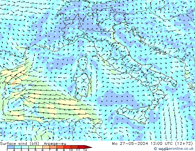 Viento 10 m (bft) Arpege-eu lun 27.05.2024 12 UTC