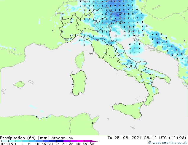 осадки (6h) Arpege-eu вт 28.05.2024 12 UTC