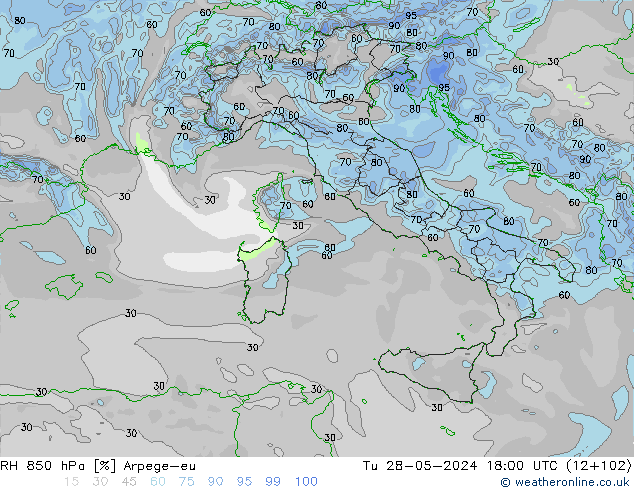 RH 850 hPa Arpege-eu Tu 28.05.2024 18 UTC