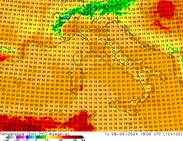 Temperatura (2m) Arpege-eu Ter 28.05.2024 18 UTC