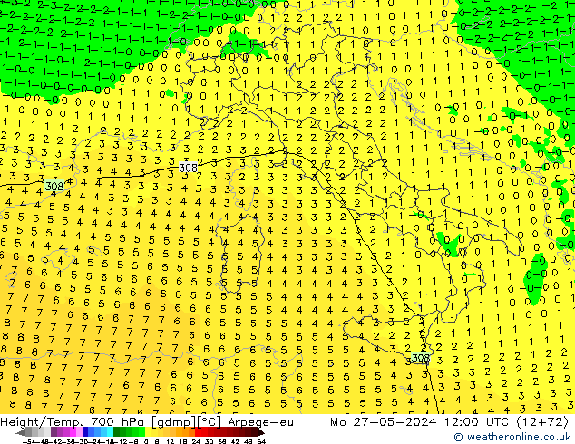 Height/Temp. 700 hPa Arpege-eu Mo 27.05.2024 12 UTC