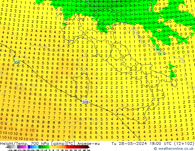 Yükseklik/Sıc. 700 hPa Arpege-eu Sa 28.05.2024 18 UTC