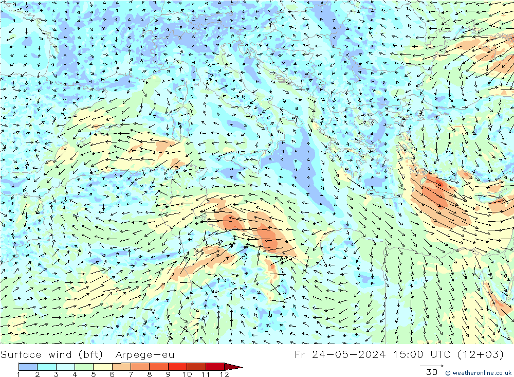 Vento 10 m (bft) Arpege-eu Sex 24.05.2024 15 UTC
