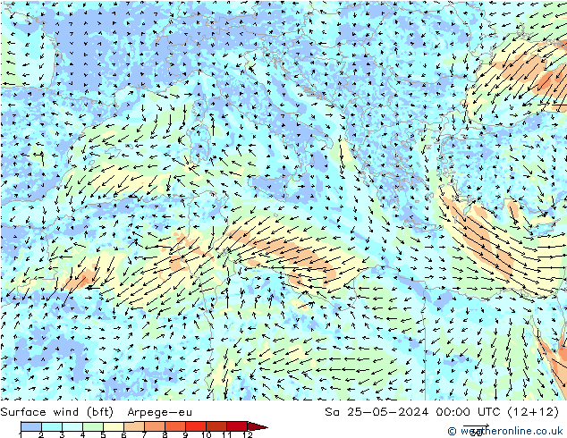 Wind 10 m (bft) Arpege-eu za 25.05.2024 00 UTC