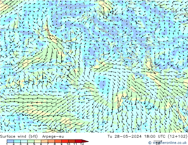 Surface wind (bft) Arpege-eu Tu 28.05.2024 18 UTC