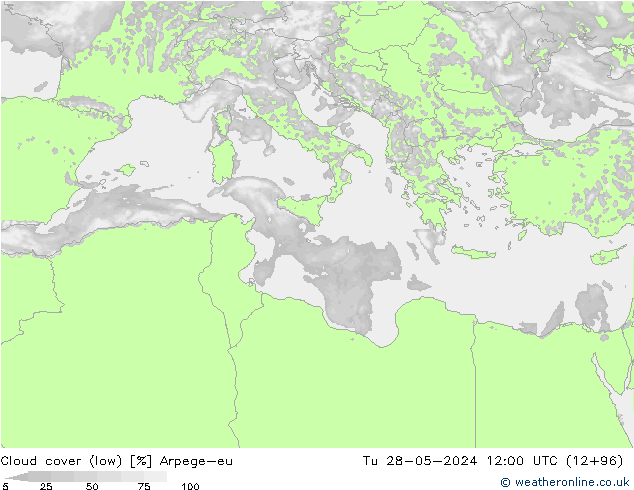 Cloud cover (low) Arpege-eu Tu 28.05.2024 12 UTC