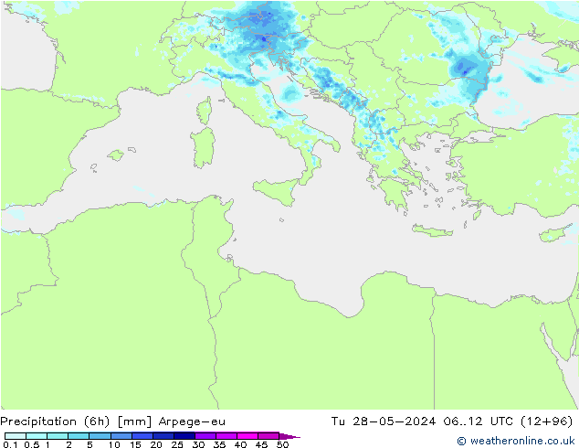 осадки (6h) Arpege-eu вт 28.05.2024 12 UTC