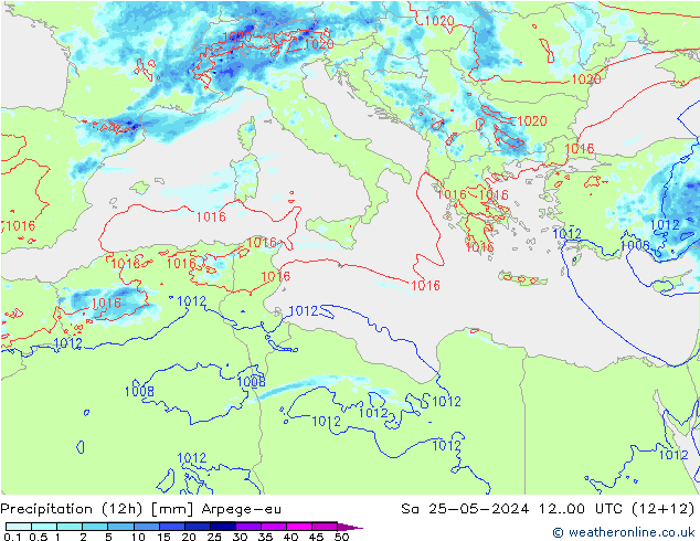 Totale neerslag (12h) Arpege-eu za 25.05.2024 00 UTC