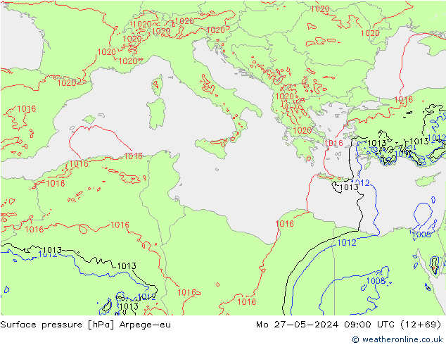 Surface pressure Arpege-eu Mo 27.05.2024 09 UTC