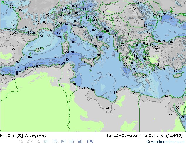 RH 2m Arpege-eu Út 28.05.2024 12 UTC