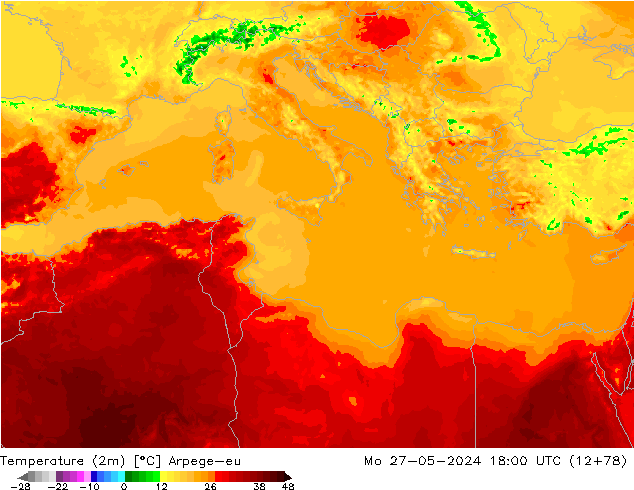 Temperature (2m) Arpege-eu Mo 27.05.2024 18 UTC