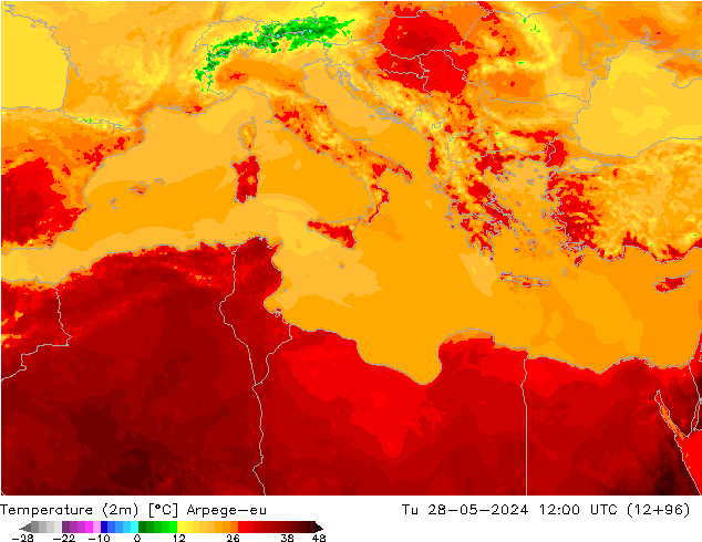 Temperature (2m) Arpege-eu Tu 28.05.2024 12 UTC