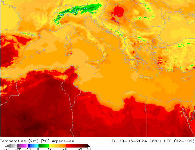température (2m) Arpege-eu mar 28.05.2024 18 UTC