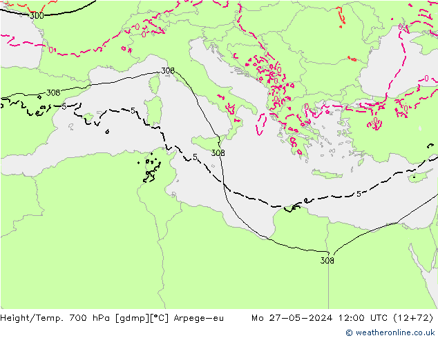 Géop./Temp. 700 hPa Arpege-eu lun 27.05.2024 12 UTC