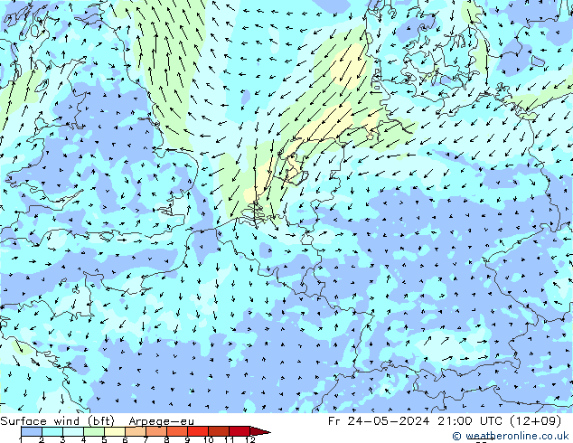 Viento 10 m (bft) Arpege-eu vie 24.05.2024 21 UTC