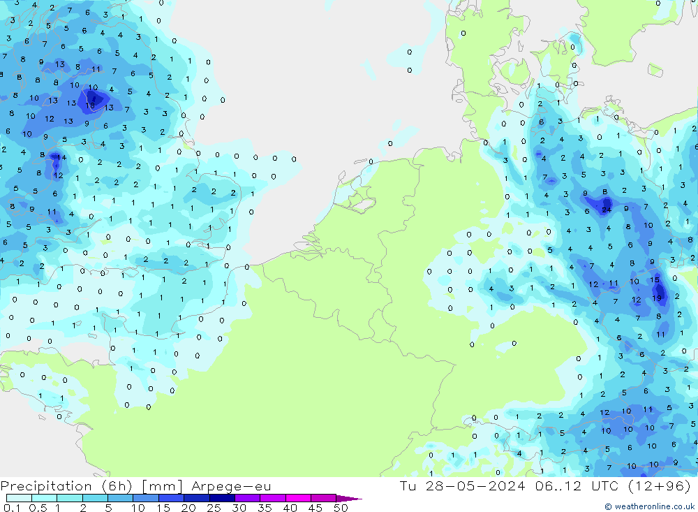 Precipitation (6h) Arpege-eu Tu 28.05.2024 12 UTC