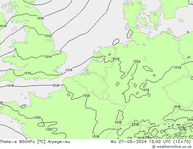 Theta-e 850hPa Arpege-eu lun 27.05.2024 15 UTC