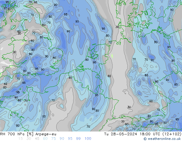 RH 700 гПа Arpege-eu вт 28.05.2024 18 UTC