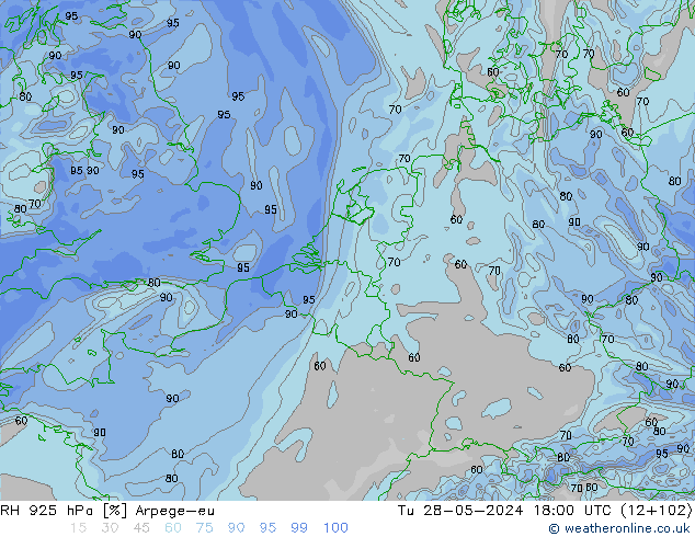 RH 925 hPa Arpege-eu Út 28.05.2024 18 UTC