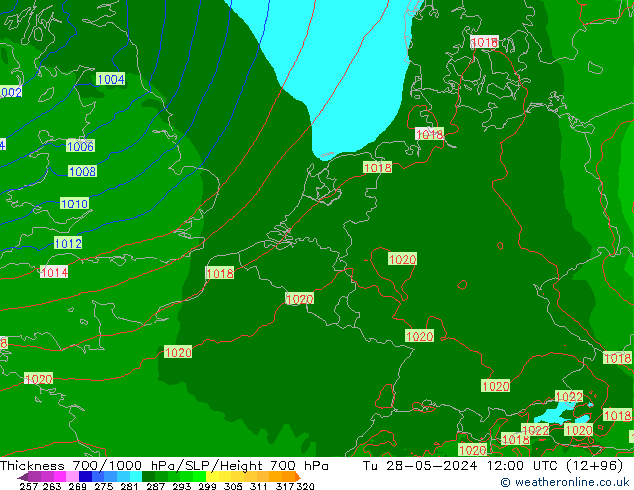 Thck 700-1000 hPa Arpege-eu mar 28.05.2024 12 UTC